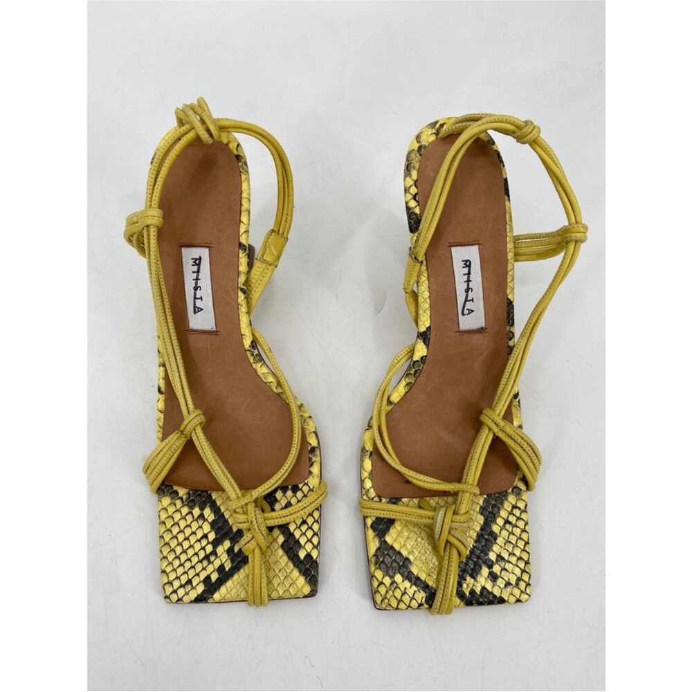 Mista Amy Lemon Yellow Snakeskin Print Square
Toe Heeled Sandals  reg $440